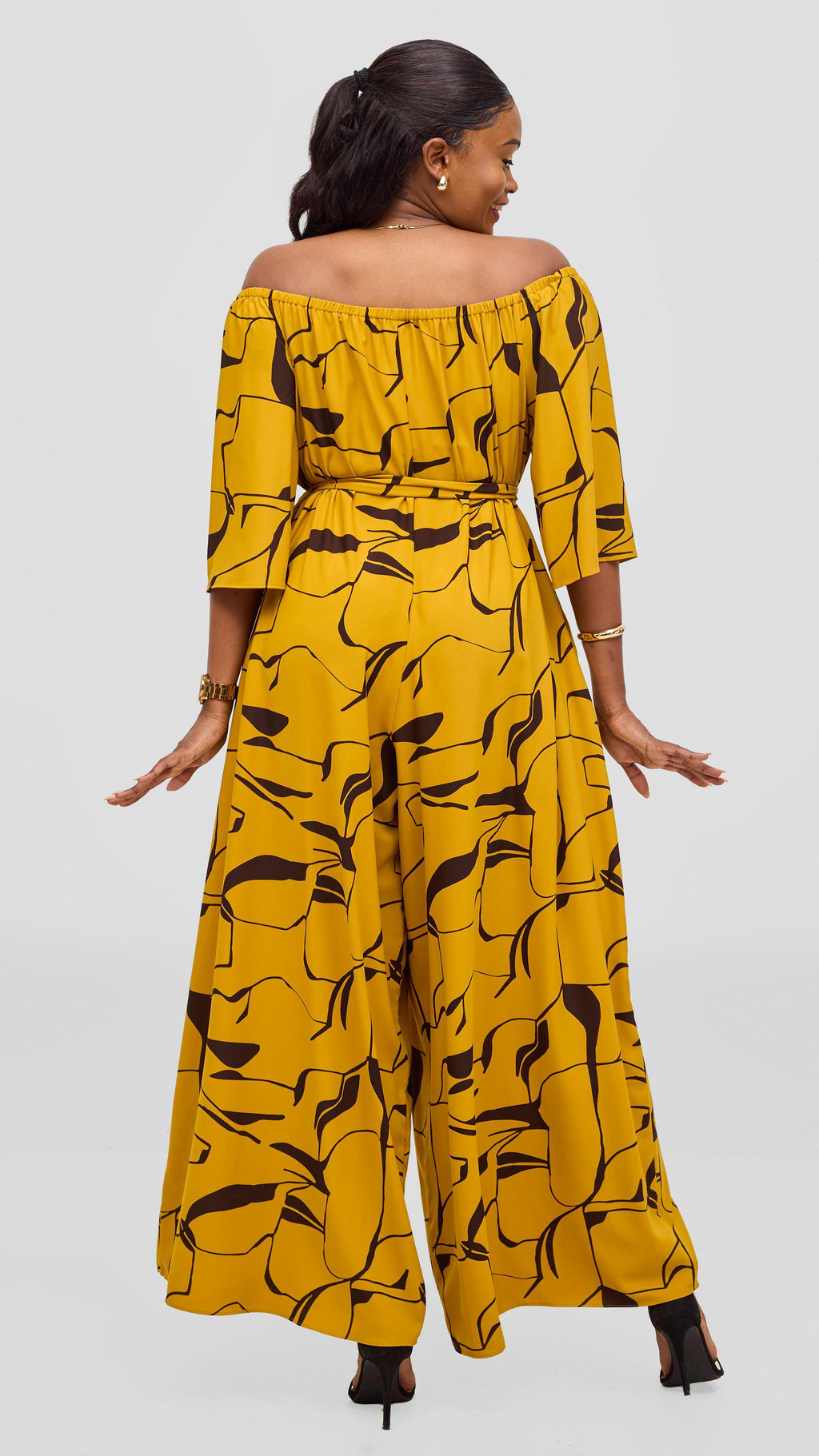 Vivo Zahari 3/4 Sleeve Off Shoulder Jumpsuit - Mustard / Chocolate Ziza Print
