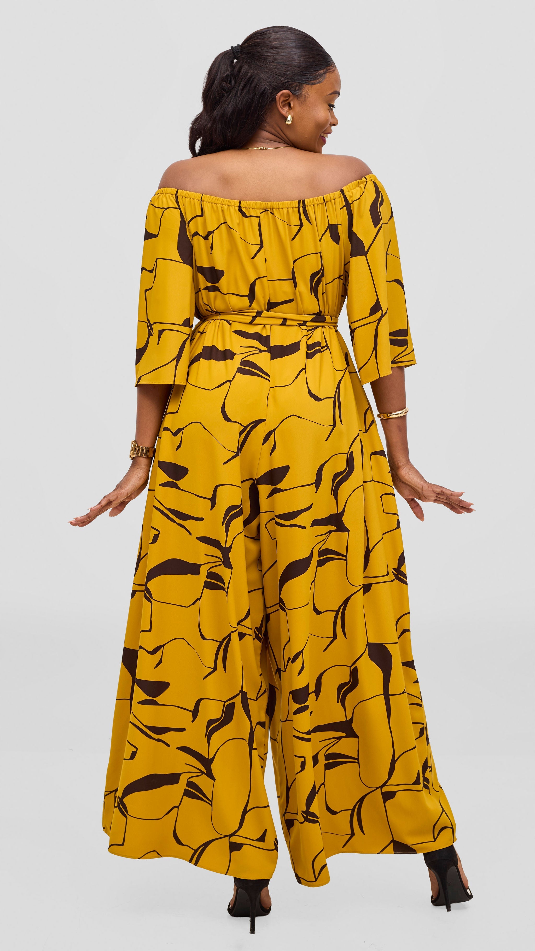 Vivo Zahari 3/4 Sleeve Off Shoulder Jumpsuit - Mustard / Chocolate Ziza Print
