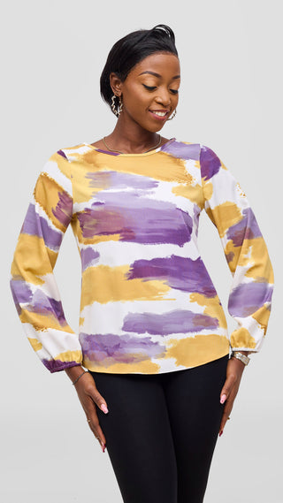 Vivo Basic Crepe Bishop Sleeve Top - Gold / Purple Print