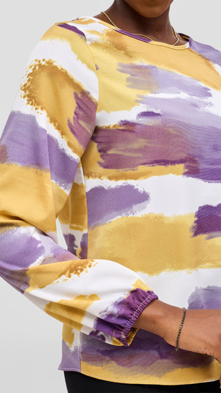 Vivo Basic Crepe Bishop Sleeve Top - Gold / Purple Print