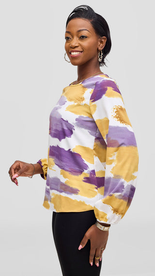 Vivo Basic Crepe Bishop Sleeve Top - Gold / Purple Print