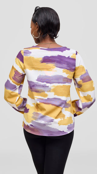 Vivo Basic Crepe Bishop Sleeve Top - Gold / Purple Print