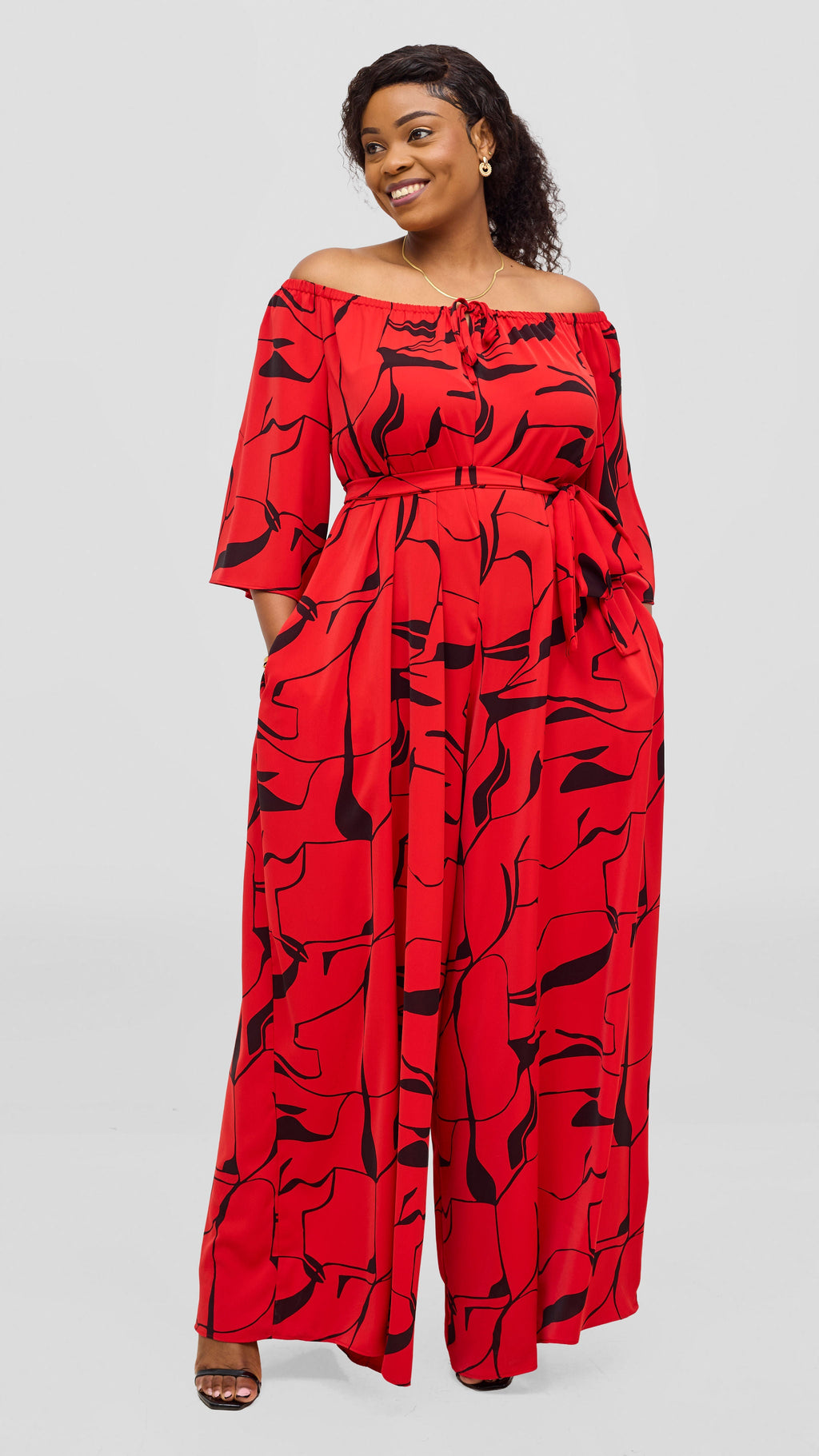 Vivo Zahari 3/4 Sleeve Off Shoulder Jumpsuit - Red / Black Ziza Print