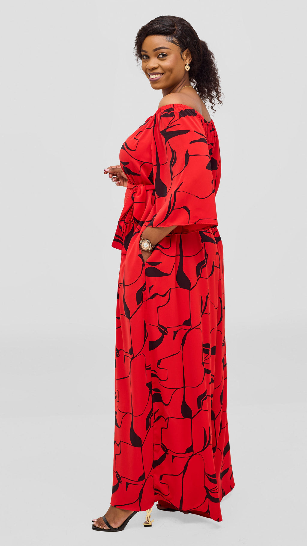 Vivo Zahari 3/4 Sleeve Off Shoulder Jumpsuit - Red / Black Ziza Print