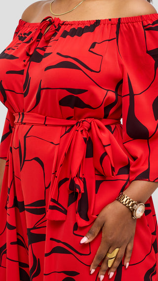 Vivo Zahari 3/4 Sleeve Off Shoulder Jumpsuit - Red / Black Ziza Print