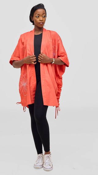 Safari by Vivo Zehra Embroidered Linen Kimono - Coral