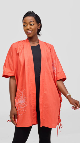 Safari by Vivo Zehra Embroidered Linen Kimono - Coral