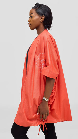 Safari by Vivo Zehra Embroidered Linen Kimono - Coral