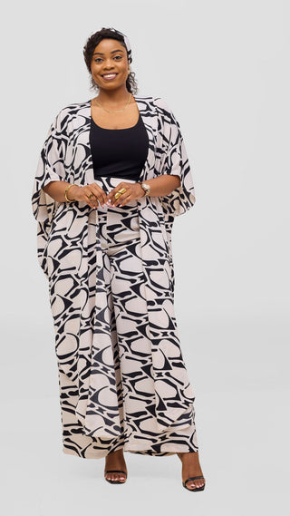 Vivo Maisha Kimono & Pant Set - Beige / Black Print