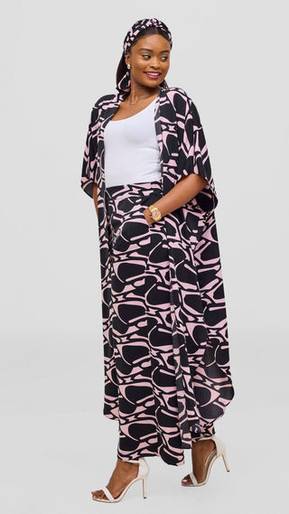Vivo Maisha Kimono & Pant Set - Light Pink / Black Print