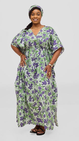 Safari by Vivo Cotton Wide Drawstring Kaftan - Green / Purple Print