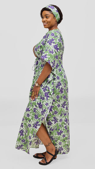 Safari by Vivo Cotton Wide Drawstring Kaftan - Green / Purple Print