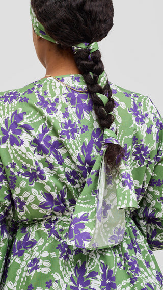 Safari by Vivo Cotton Wide Drawstring Kaftan - Green / Purple Print