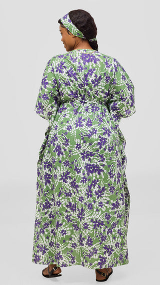 Safari by Vivo Cotton Wide Drawstring Kaftan - Green / Purple Print