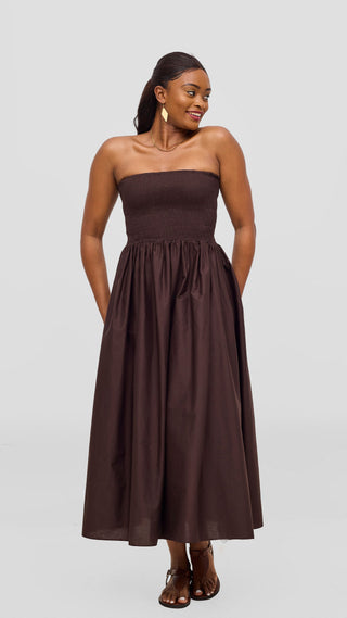 Safari by Vivo Zehra Shirred Midi Dress - Chocolate