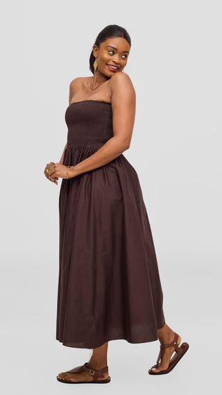 Safari by Vivo Zehra Shirred Midi Dress - Chocolate
