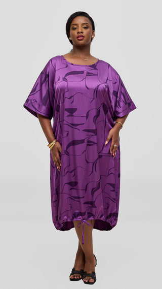 Vivo Liora Drawstring Midi Dress - Purple / Dark Purple Ziza Print