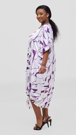 Vivo Liora Drawstring Midi Dress - White / Purple Ziza Print