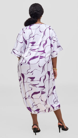 Vivo Liora Drawstring Midi Dress - White / Purple Ziza Print