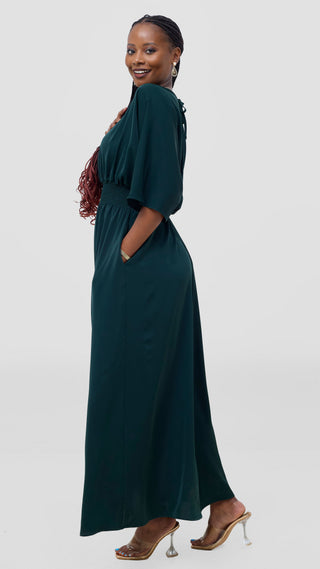 Vivo Iyana Shirred waist Maxi Dress - Dark Green