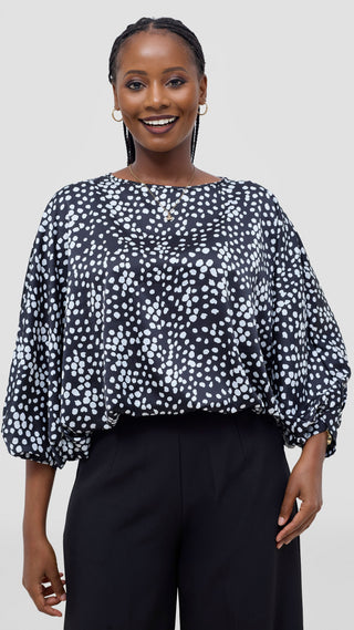 Vivo Sawari Crossed Cuff Batwing Top - Black / White Polka
