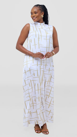 Vivo Thando Mock Neck Maxi Dress - White / Taupe Aria Print
