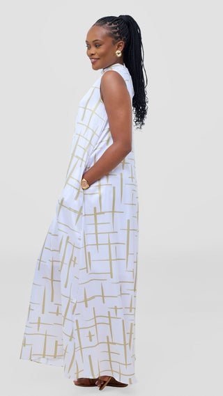 Vivo Thando Mock Neck Maxi Dress - White / Taupe Aria Print