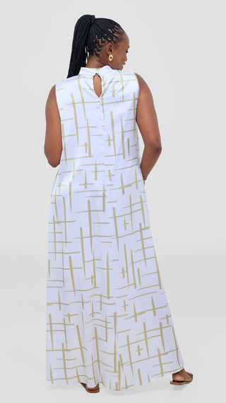 Vivo Thando Mock Neck Maxi Dress - White / Taupe Aria Print