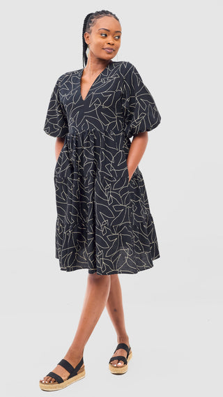 Safari Naledi Bishop Sleeve Tiered Dress - White / Black Wia Print
