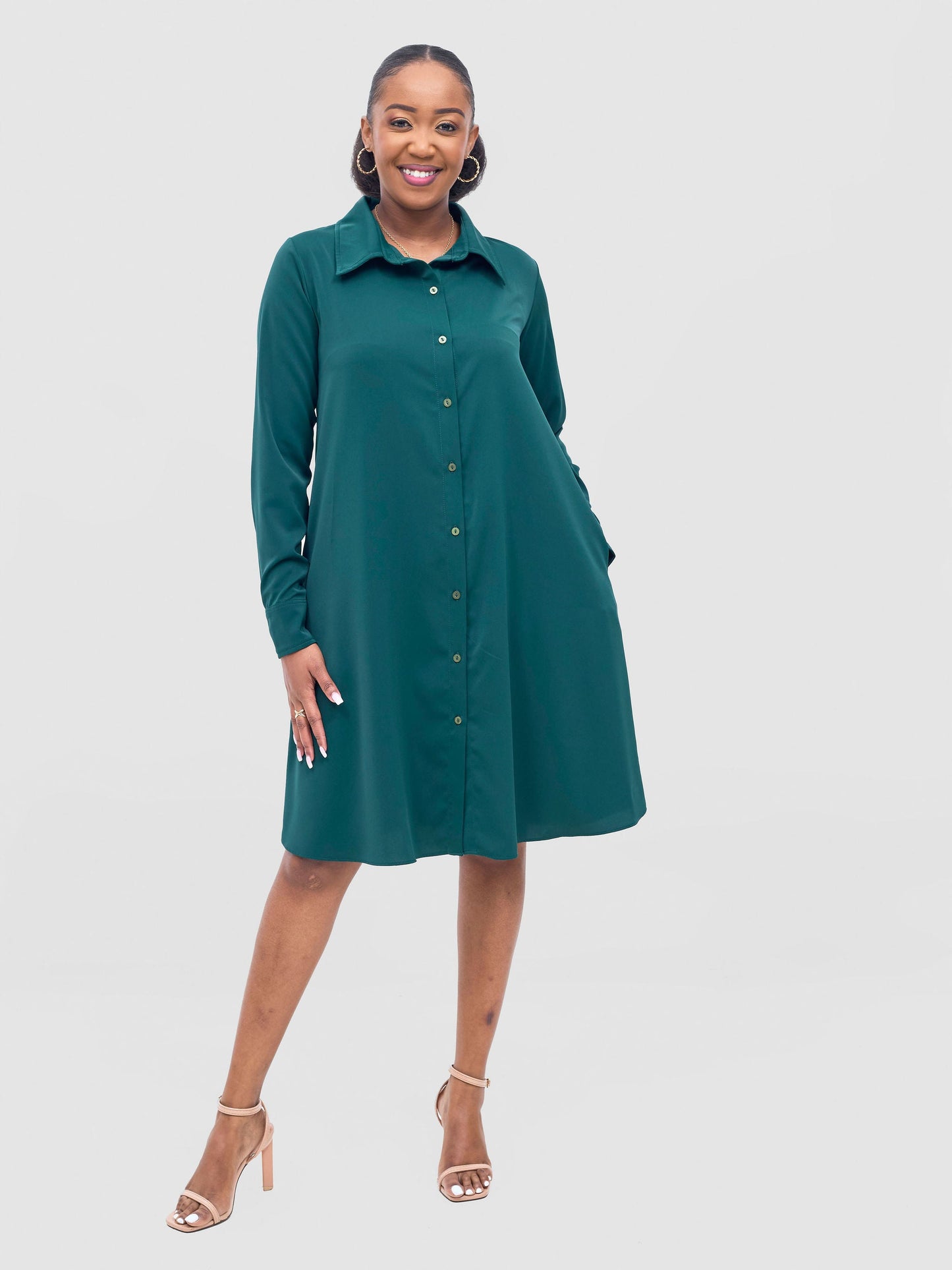 Vivo Basic Long Sleeve Tent Shirt Dress - Dark Green