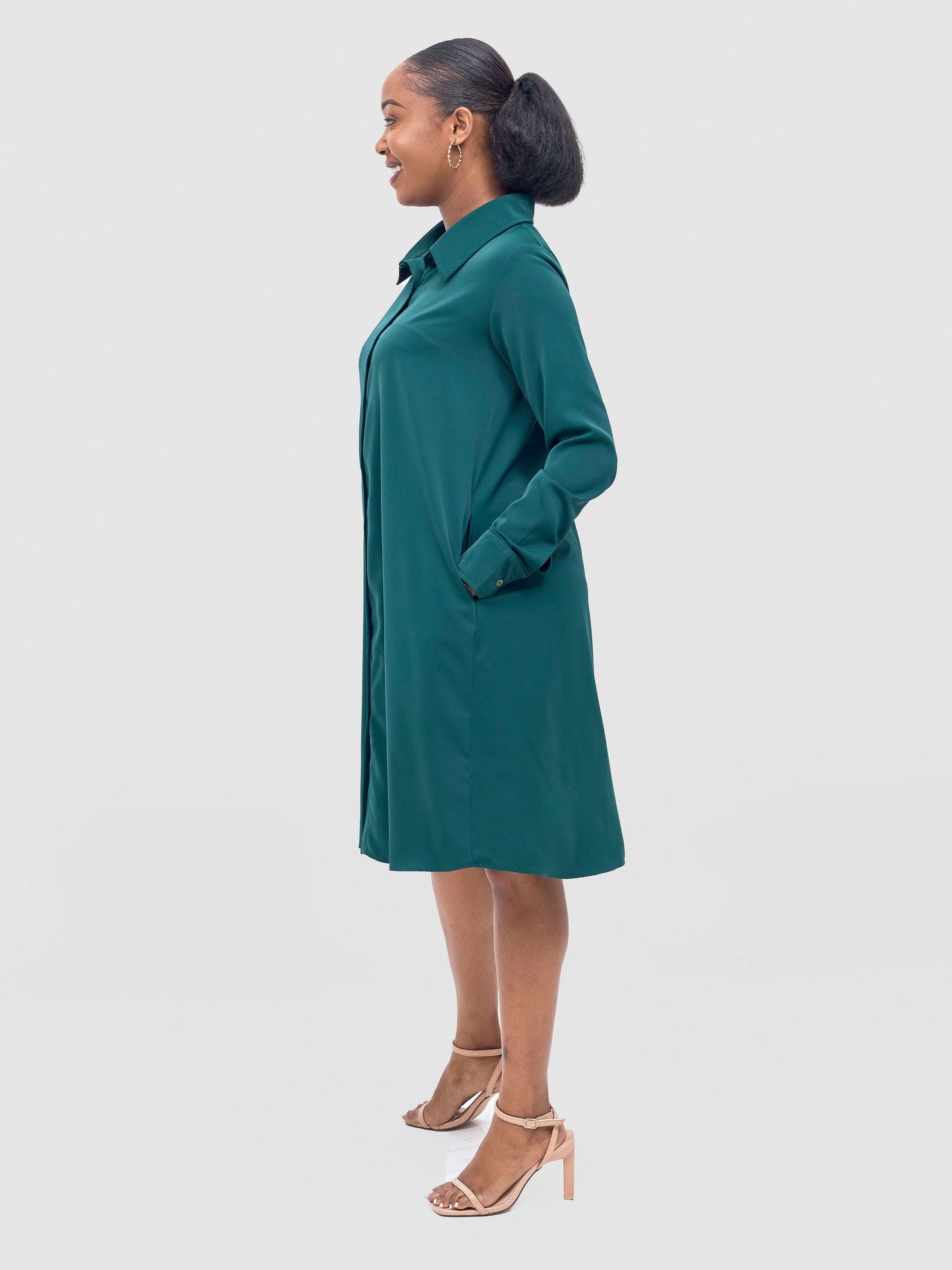 Vivo Basic Long Sleeve Tent Shirt Dress - Dark Green