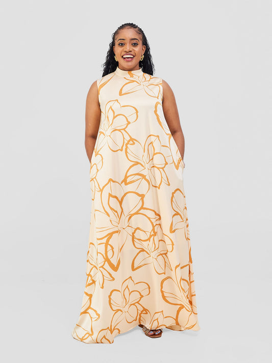 Vivo Thando Mock Neck Maxi Dress - Buttermilk / Mustard Ruvu Print
