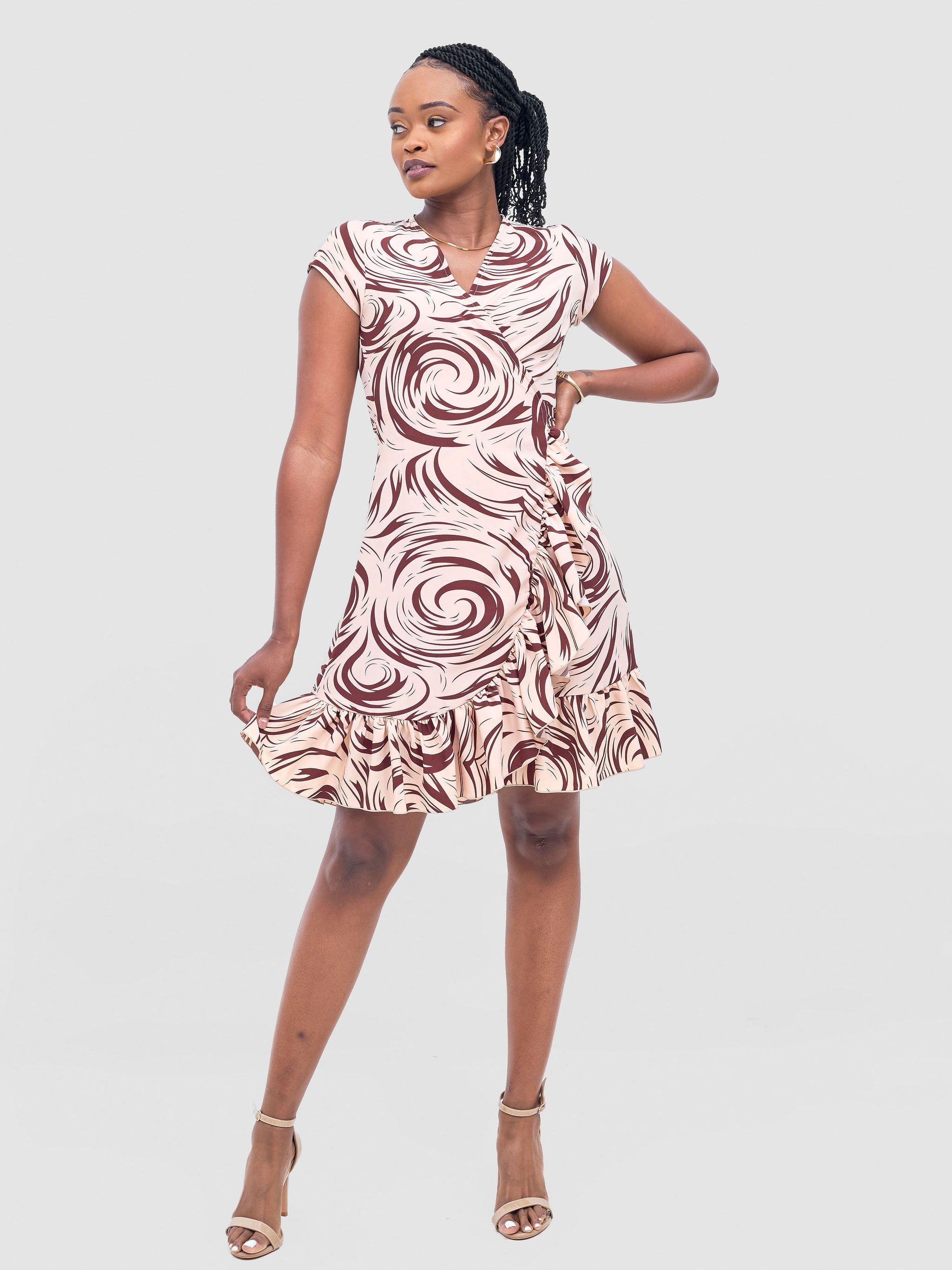 Vivo Nasinka Wrap Dress - Peach / Maroon Naka Print