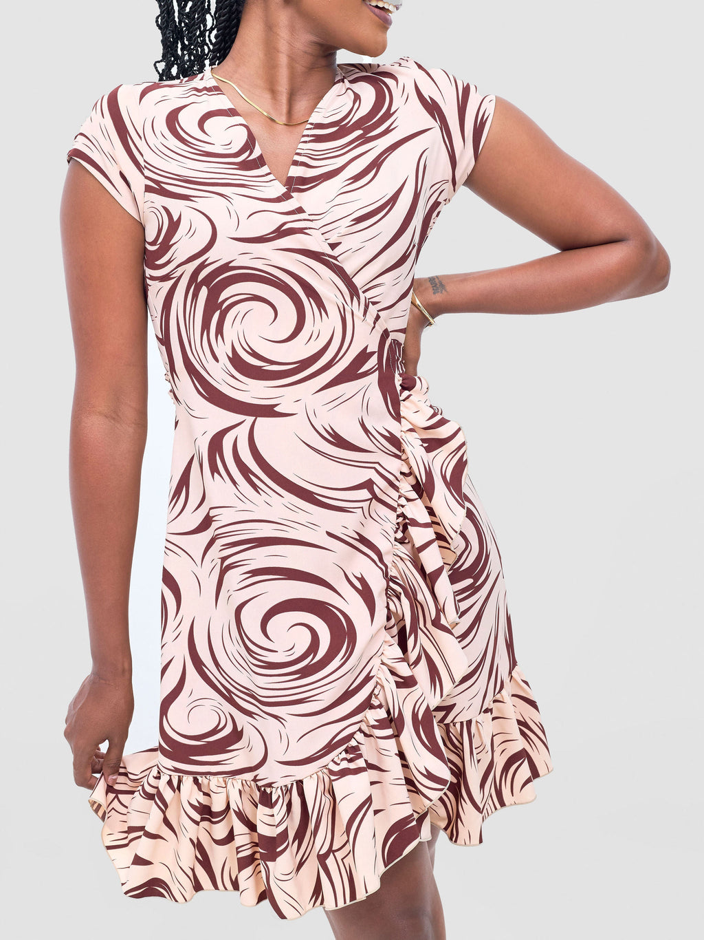 Vivo Nasinka Wrap Dress - Peach / Maroon Naka Print