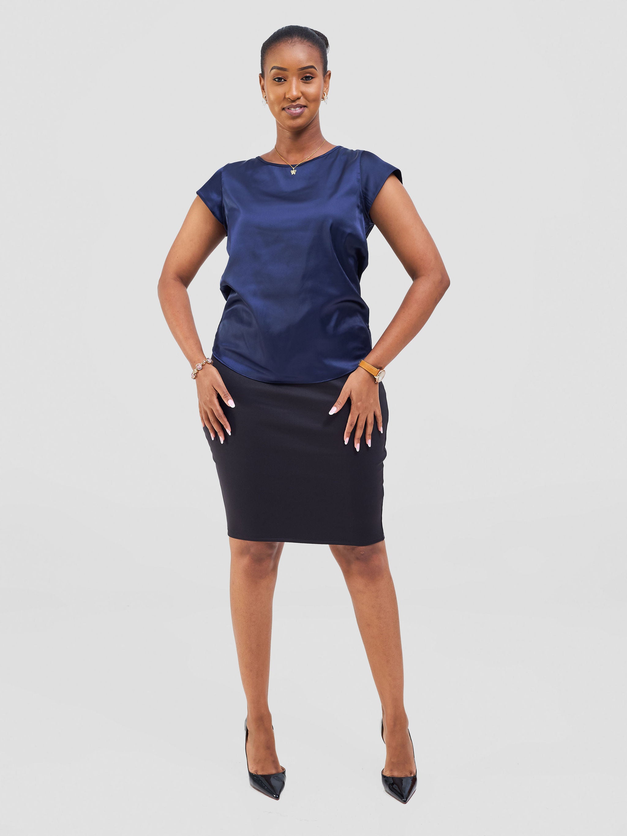 Vivo Basic Satin Cap Sleeve Top - Navy Blue