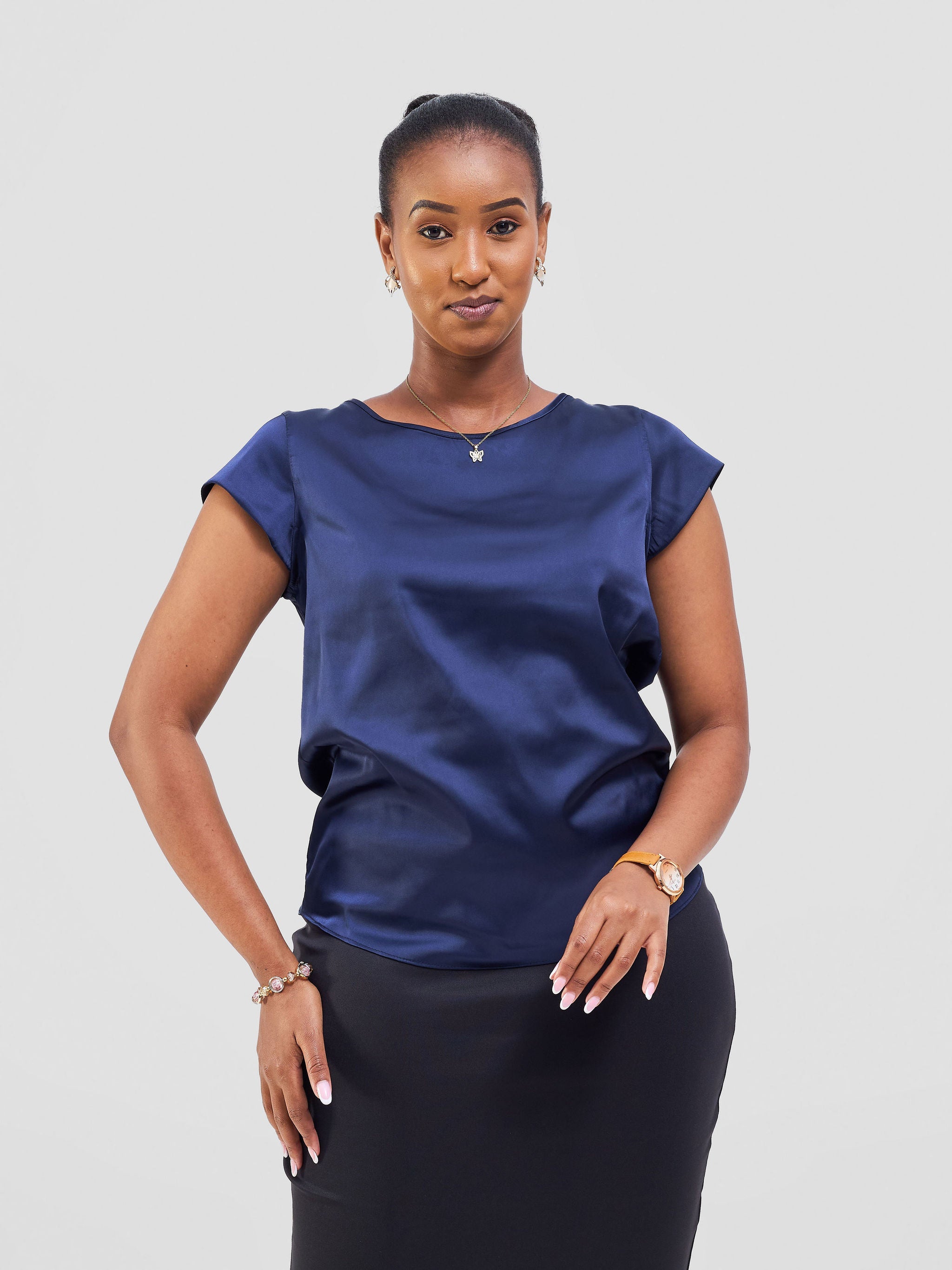 Vivo Basic Satin Cap Sleeve Top - Navy Blue