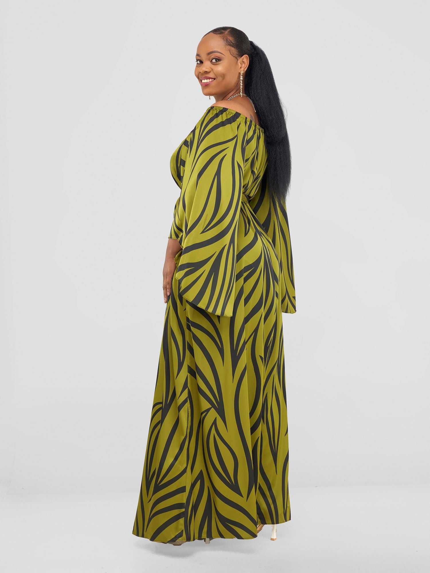 Vivo Chidii Off Shoulder Maxi Dress - Olive / Black Ameli Print