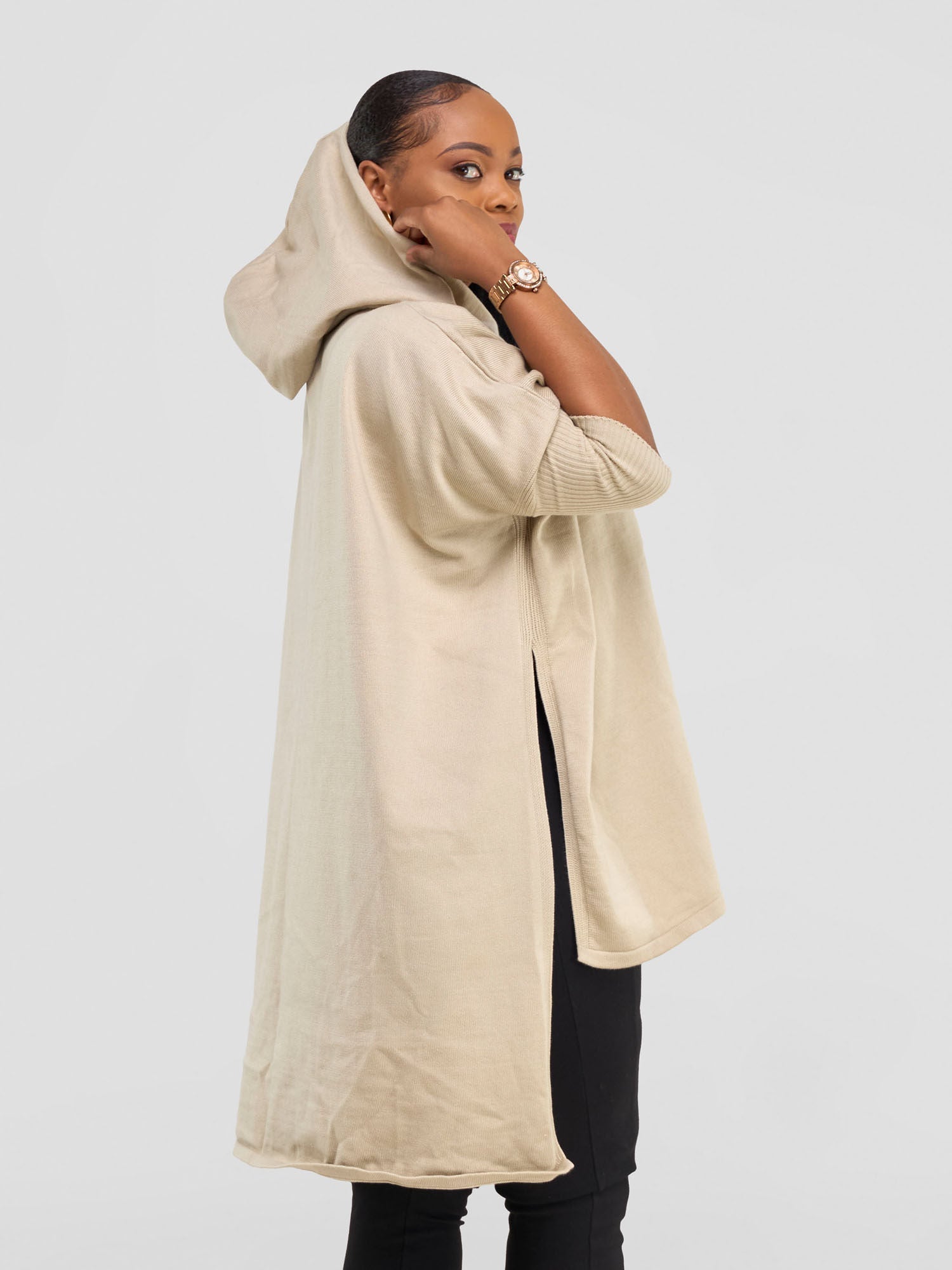 Vivo Hoodie High Low Poncho - Beige