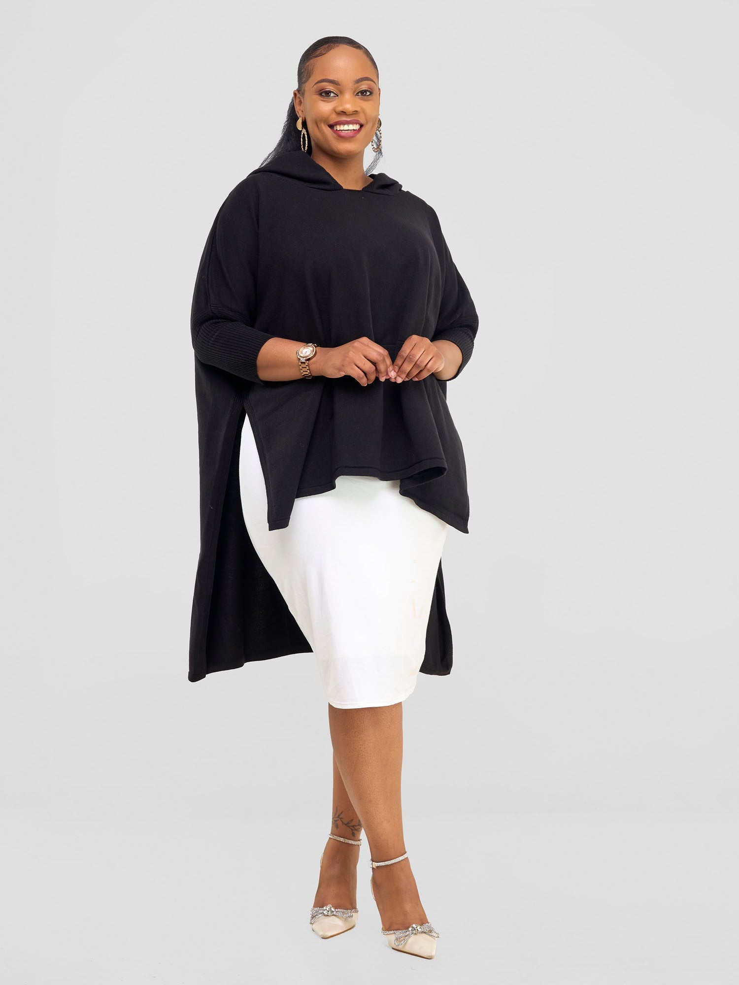 Vivo Hoodie High Low Poncho - Black