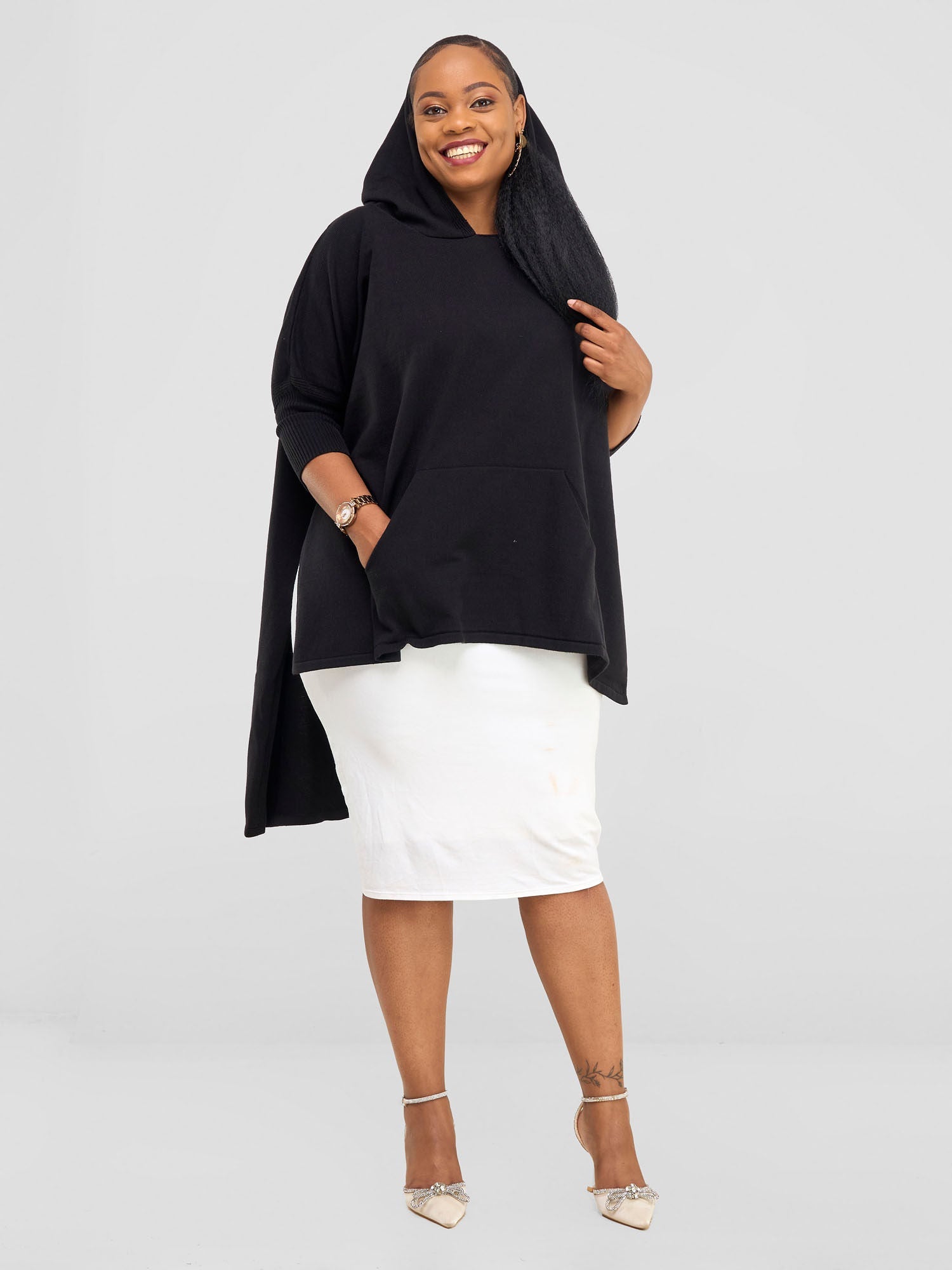 Vivo Hoodie High Low Poncho - Black