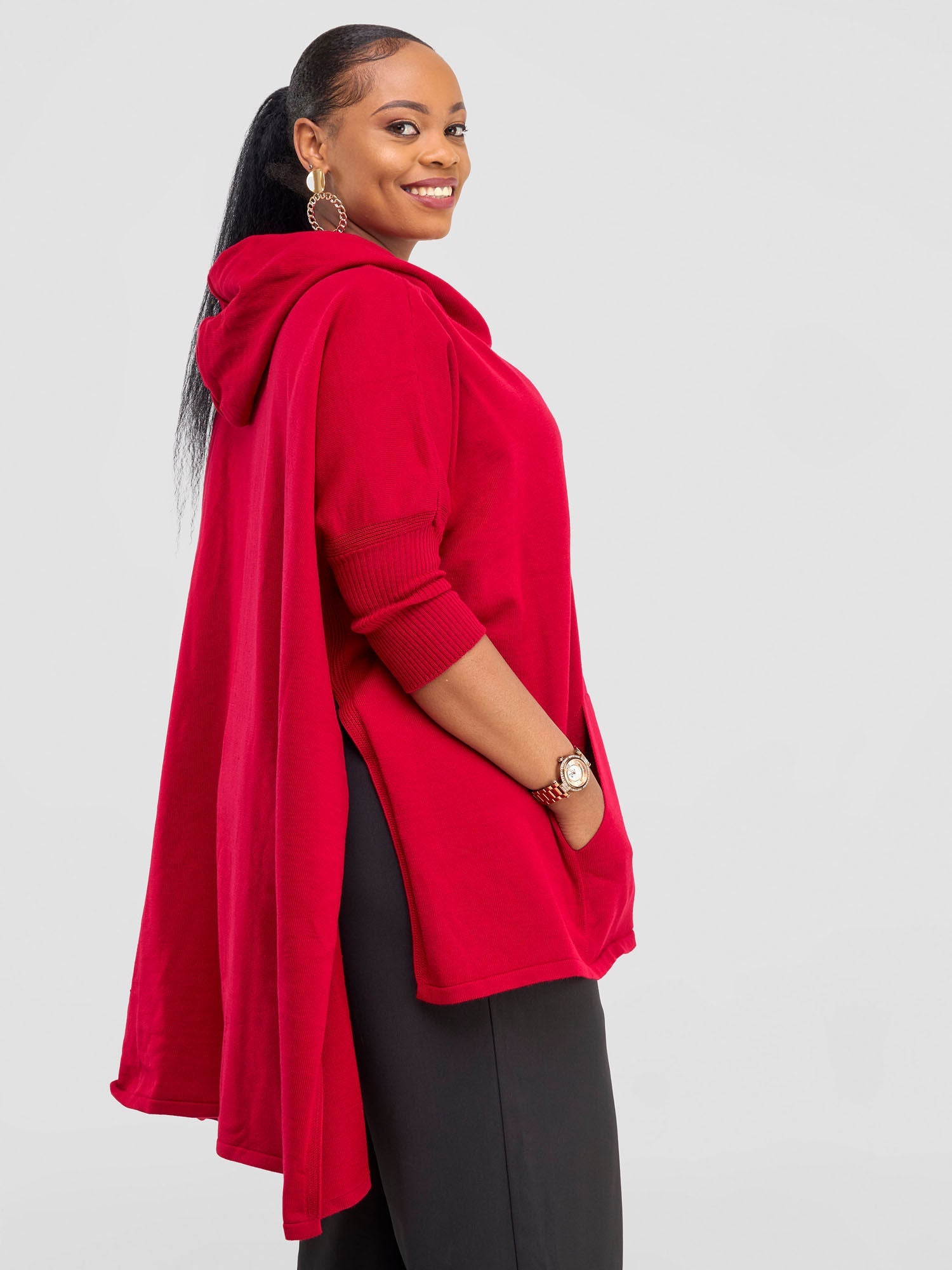 Vivo Hoodie High Low Poncho - Dark Red