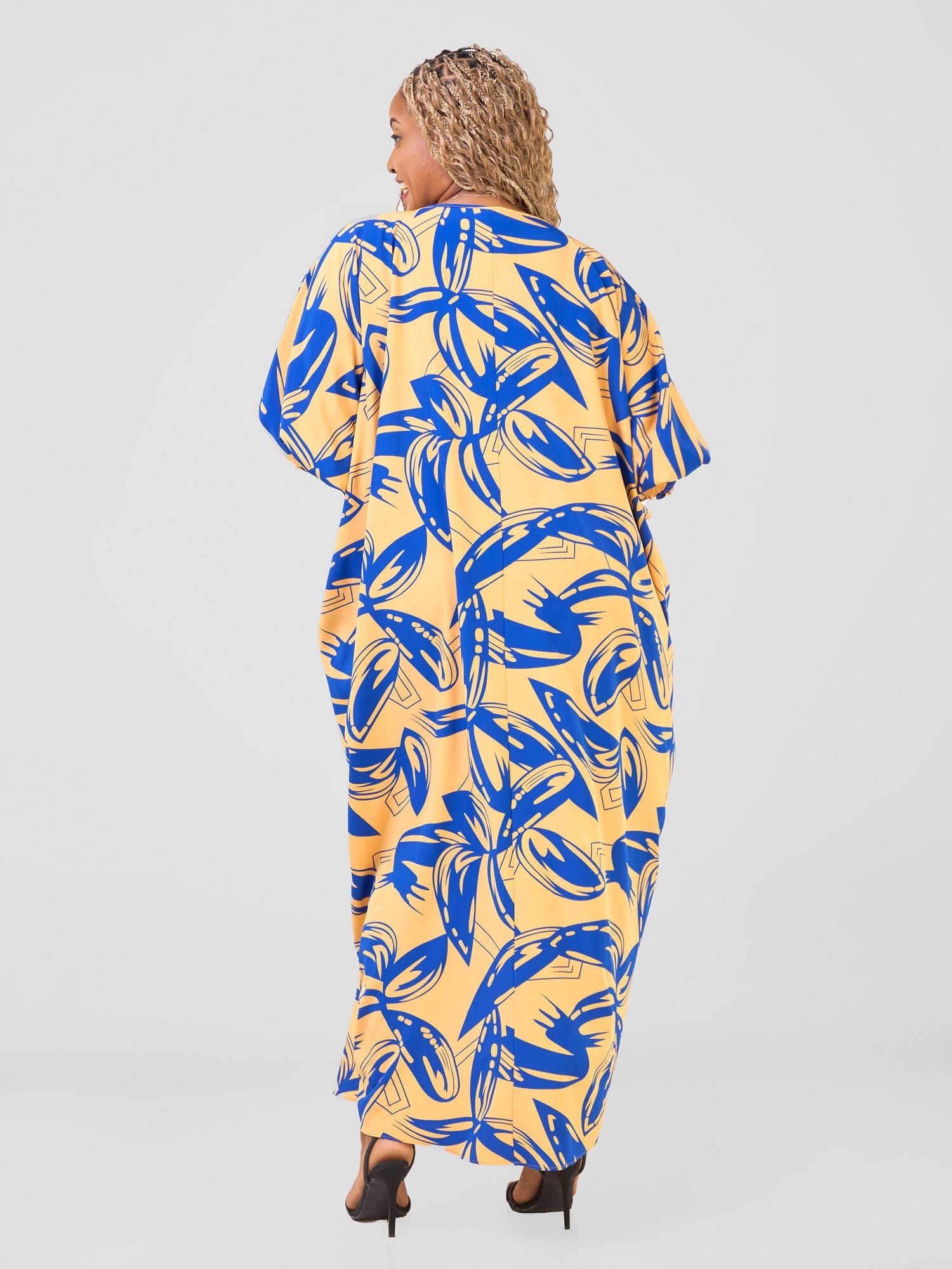 Vivo Wastani Boat Neck Shirred Sleeve Kaftan - Mustard / Blue Abstract Print