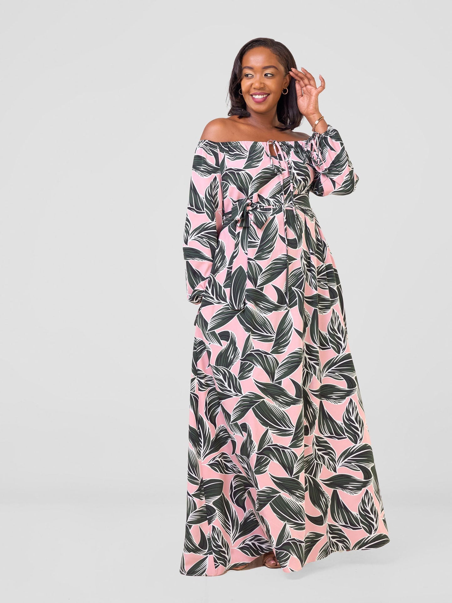 Vivo Zahari Off-Shoulder Maxi Dress - Pink / Green Hari Print