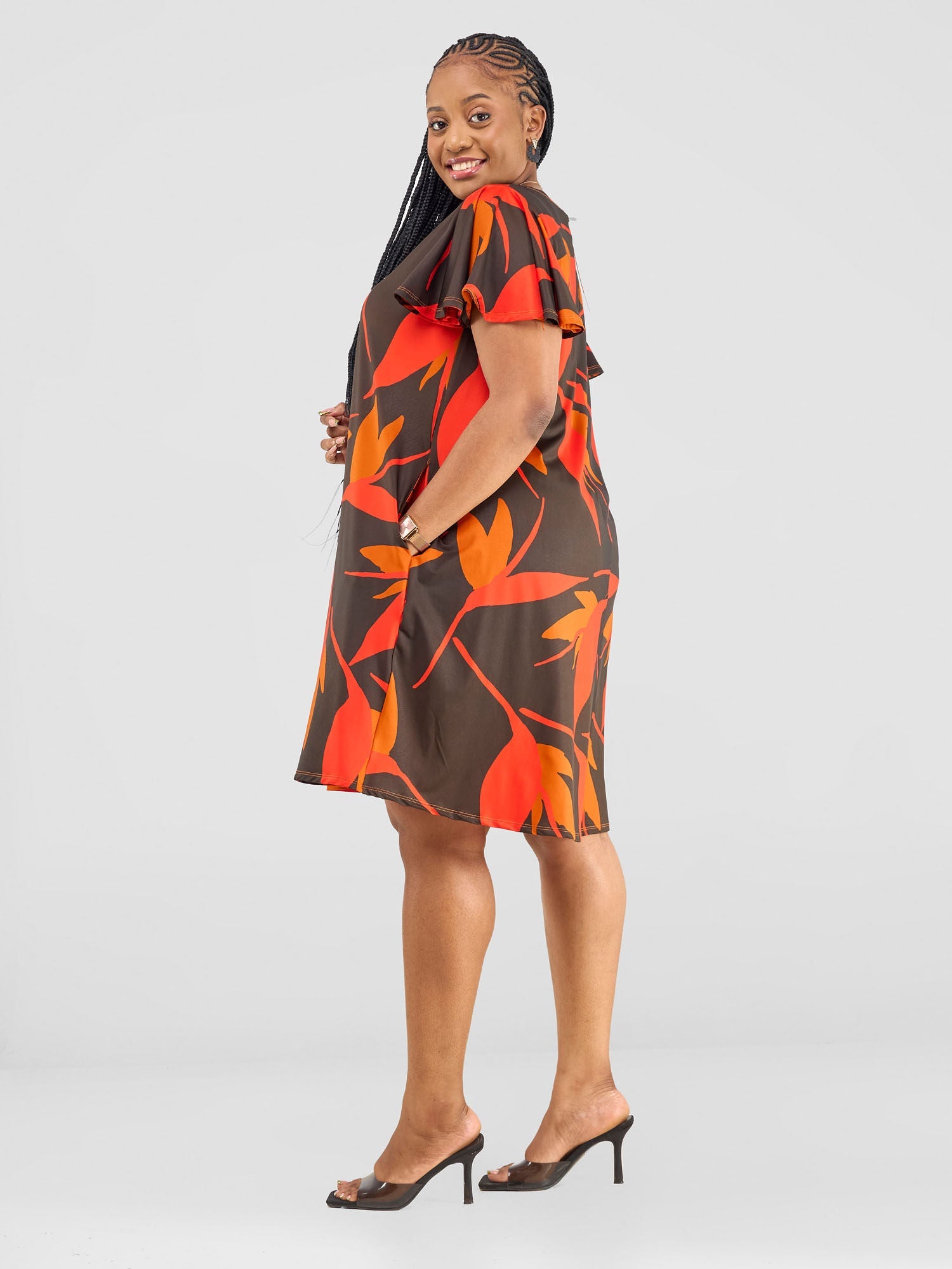 Vivo Ruwa Flounce Sleeve Knee Length Tent Dress - Brown / Orange Mizani Print