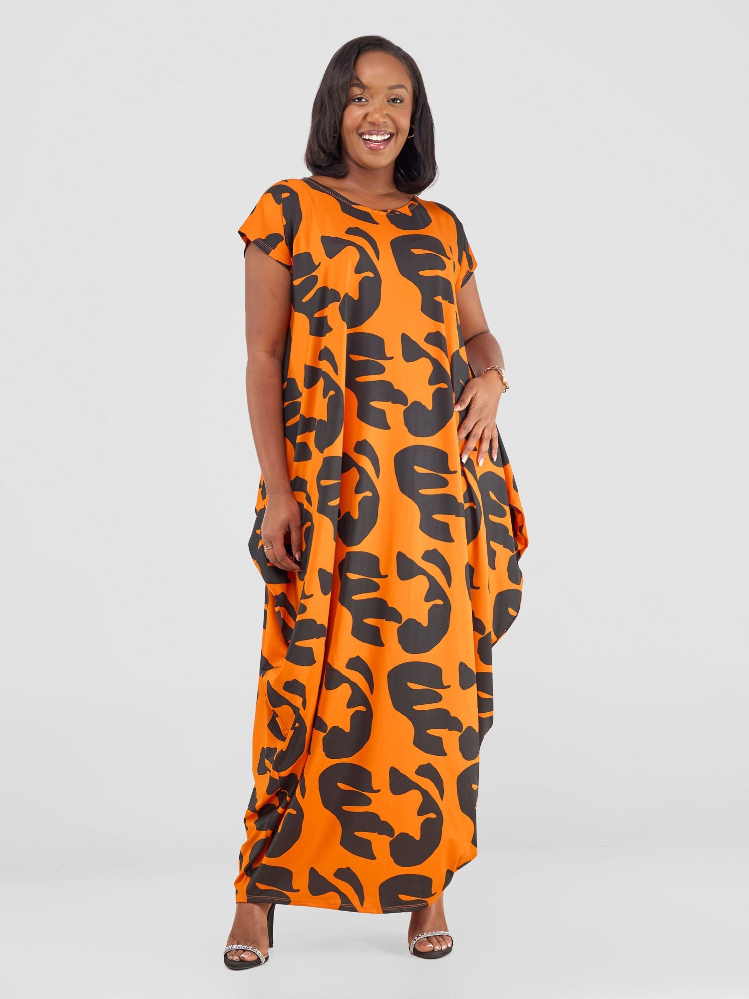 Vivo Fimi Drop Shoulder Maxi Dress - Orange/ Black Chana Print