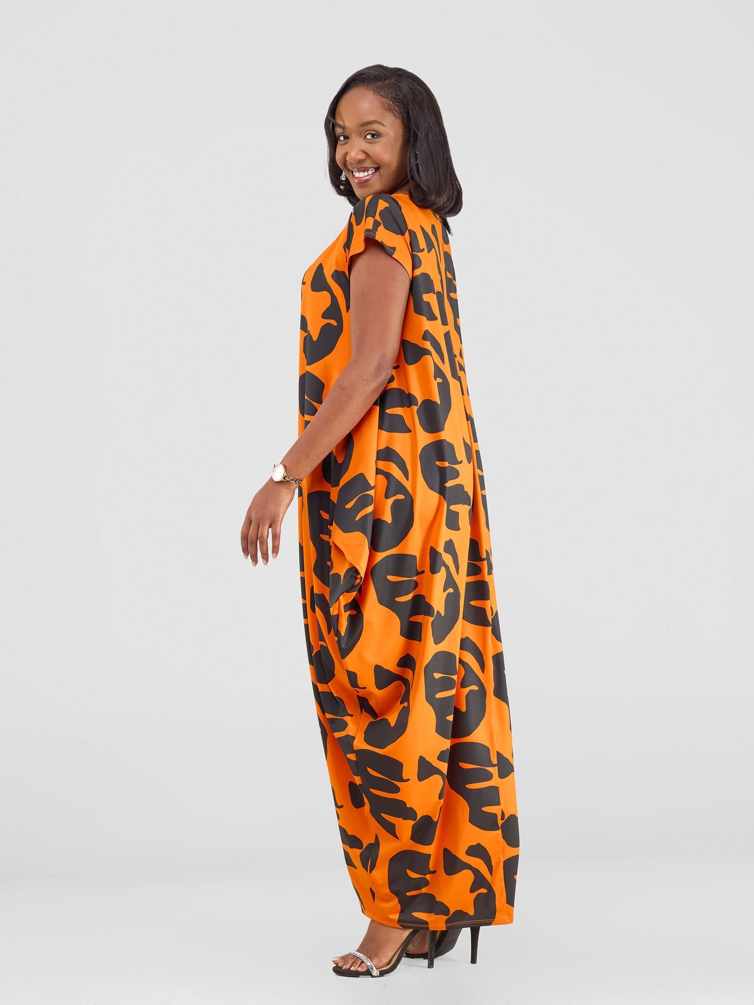 Vivo Fimi Drop Shoulder Maxi Dress - Orange/ Black Chana Print