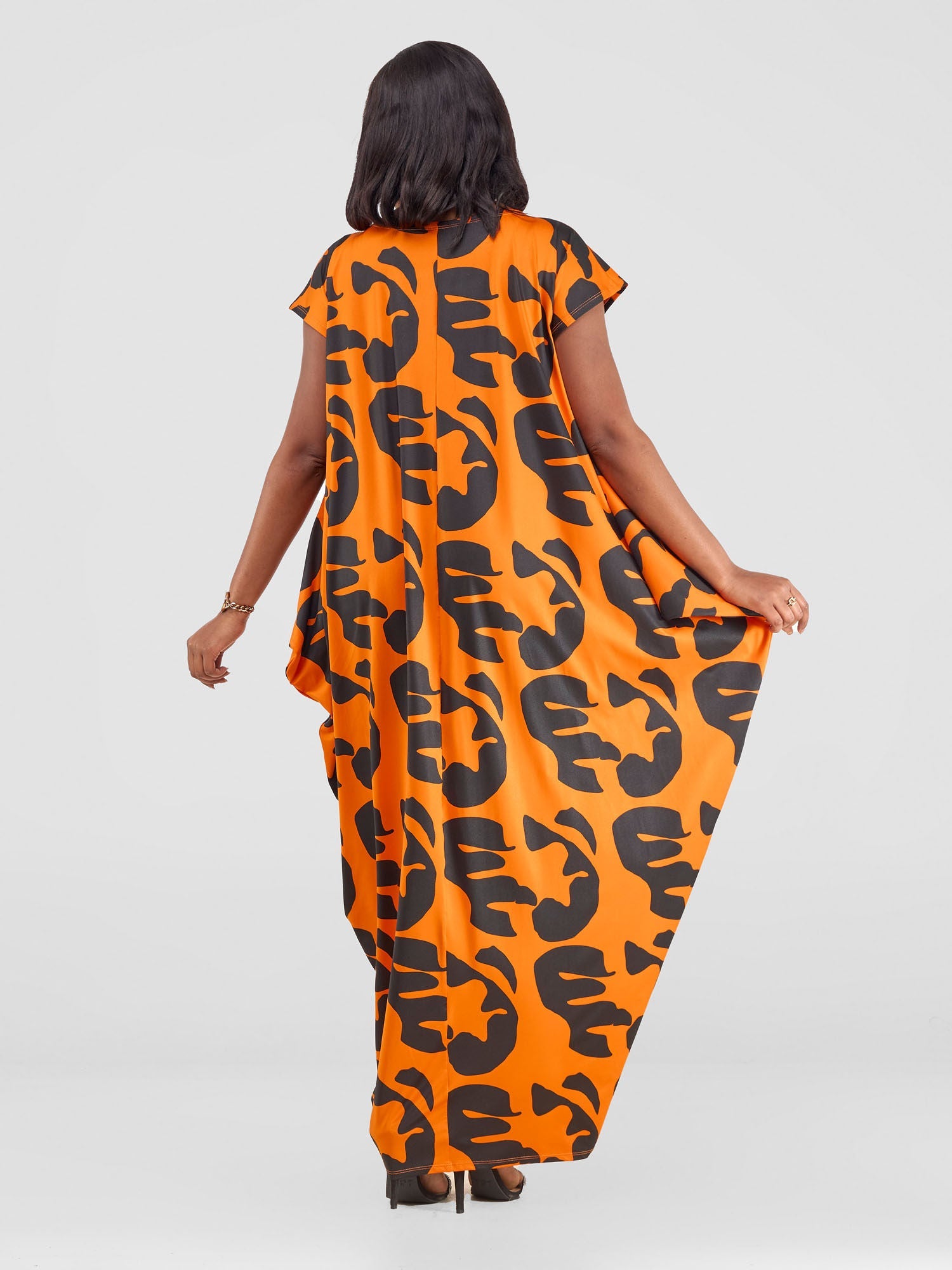 Vivo Fimi Drop Shoulder Maxi Dress - Orange/ Black Chana Print