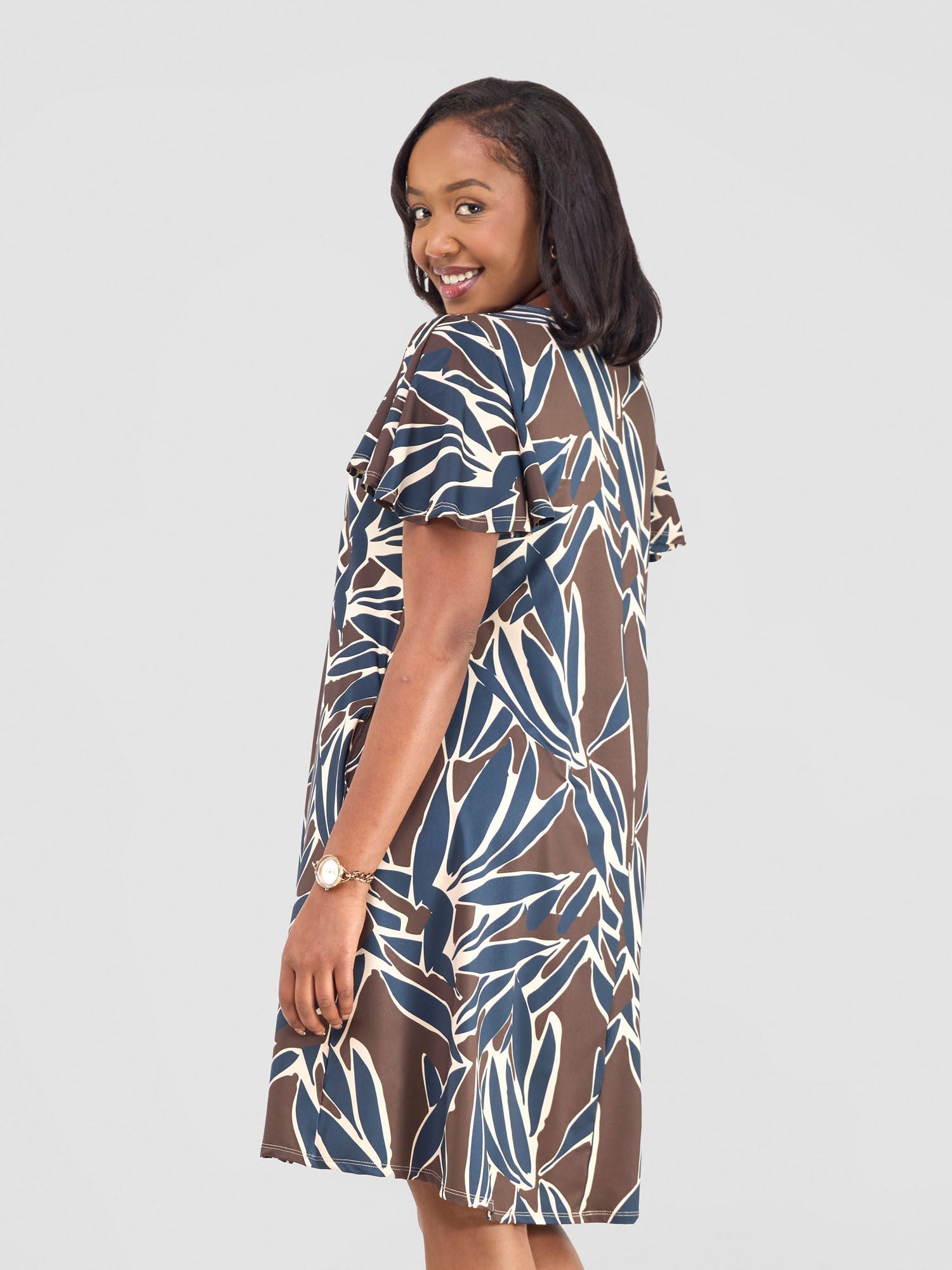 Vivo Ruwa Flounce Sleeve Knee Length Tent Dress - Navy / Brown Tawi Print