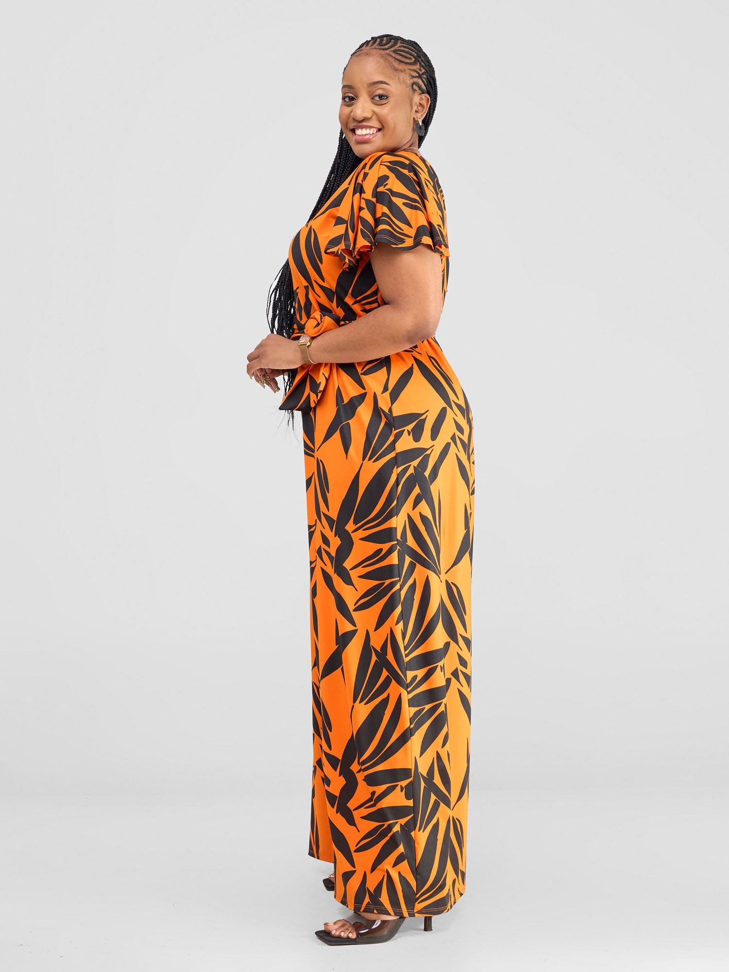 Vivo Ruwa Flounce Sleeve Jumpsuit - Orange / Black Twi Print