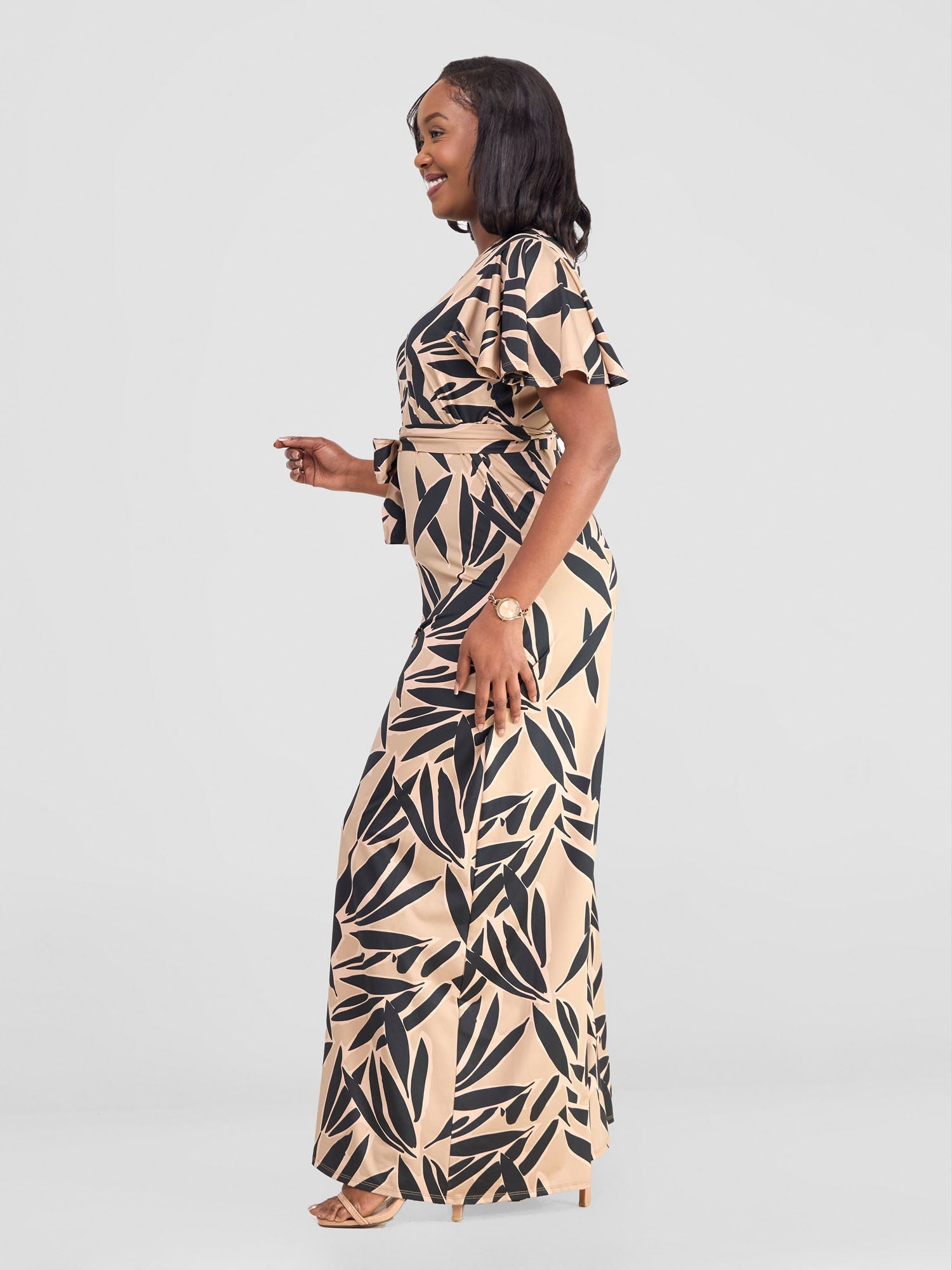 Vivo Ruwa Flounce Sleeve Jumpsuit - Taupe / Black Tawi Print